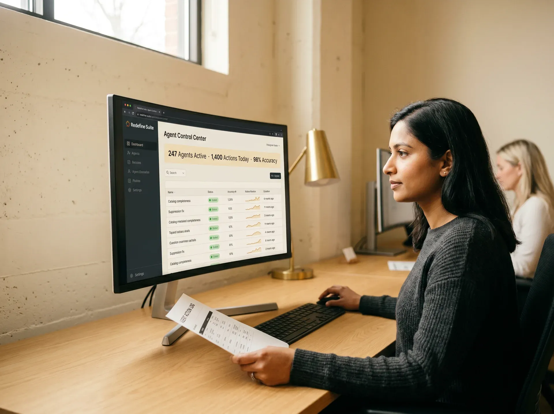 Commerce operations manager reviewing AI agent activity on a unified dashboard, real-time autonomous actions visible Commerce operations manager reviewing AI agent activity on a unified dashboard, real-time autonomous actions visible