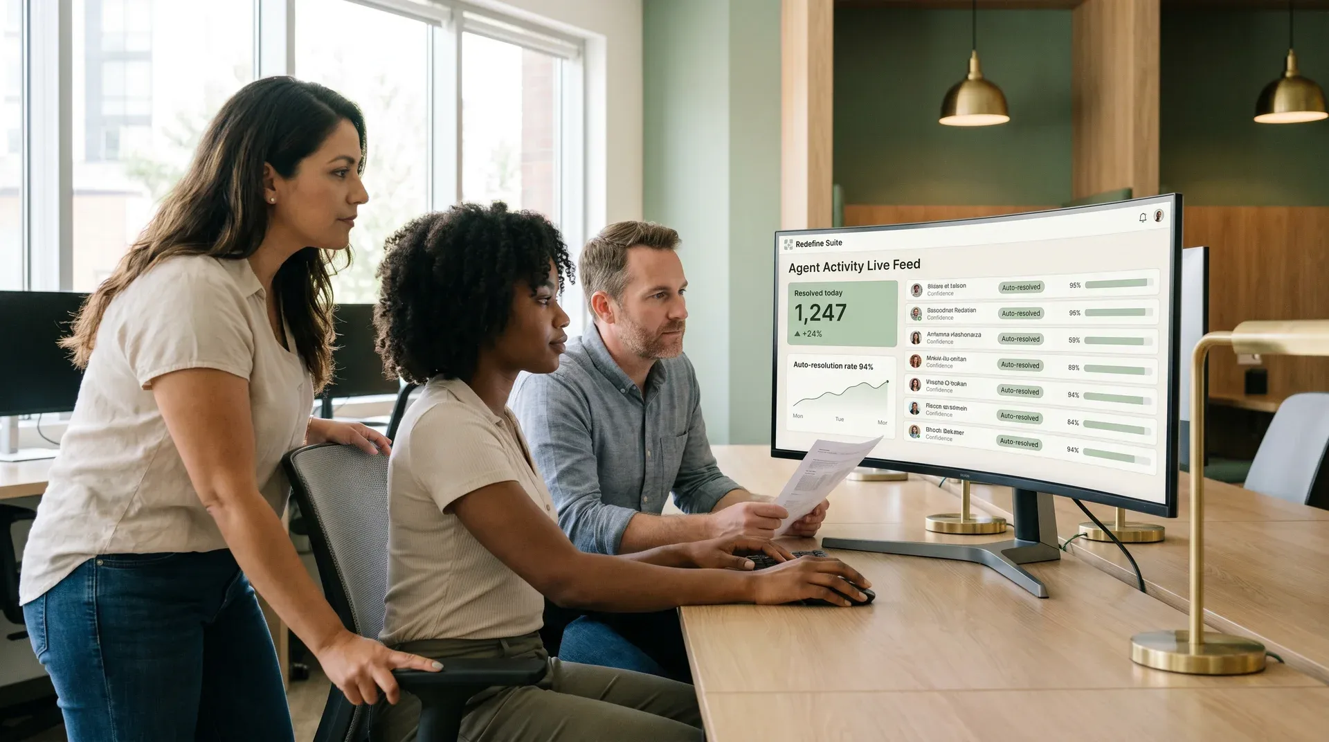 Operations team reviewing real-time AI agent alerts across ecommerce platform, collaborative decision-making environment Operations team reviewing real-time AI agent alerts across ecommerce platform, collaborative decision-making environment