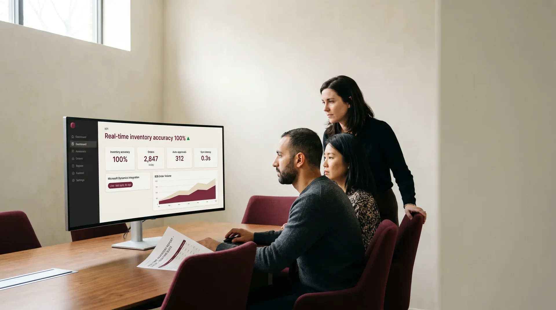 Business-to-business ecommerce operations team reviewing unified platform data and real-time inventory integrations Business-to-business ecommerce operations team reviewing unified platform data and real-time inventory integrations