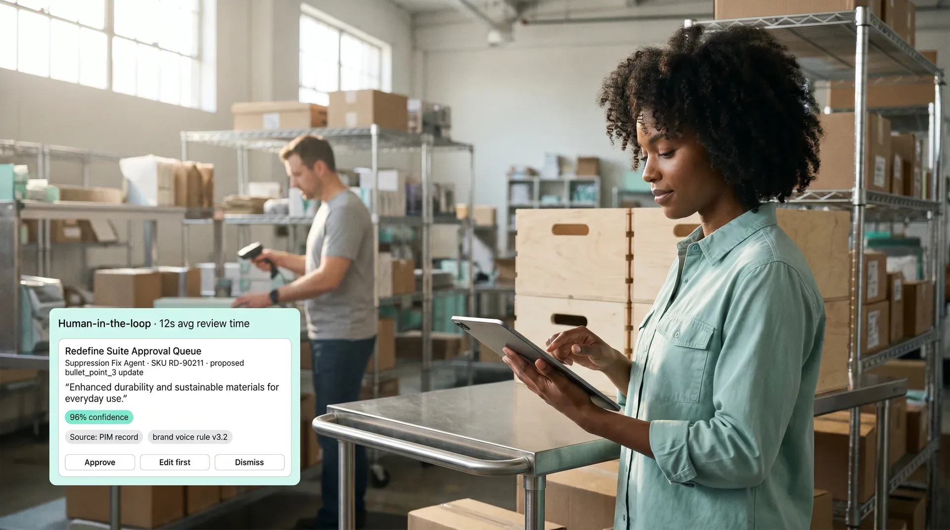 Ecommerce operations analyst reviewing and approving AI agent recommendation on a tablet, warehouse operations context Ecommerce operations analyst reviewing and approving AI agent recommendation on a tablet, warehouse operations context