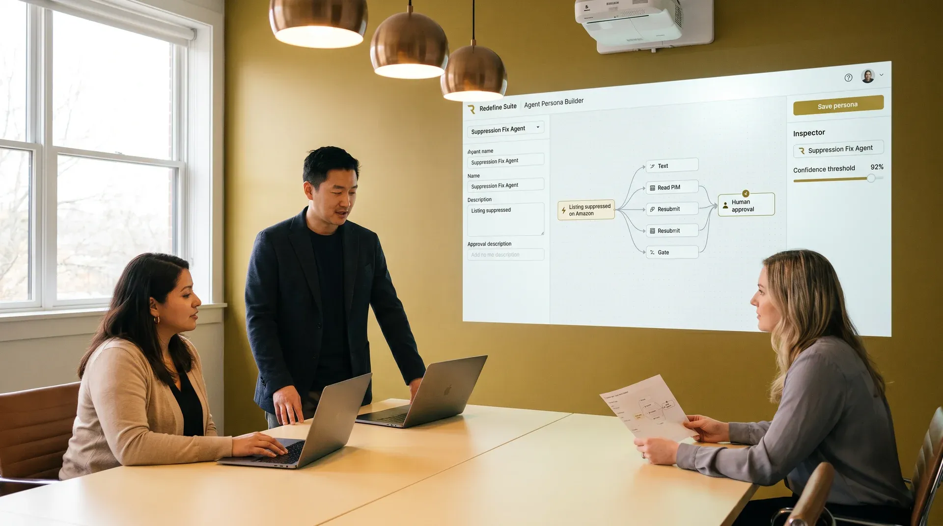 Commerce platform team demonstrating cross-module AI capability to operations stakeholders in a review session Commerce platform team demonstrating cross-module AI capability to operations stakeholders in a review session