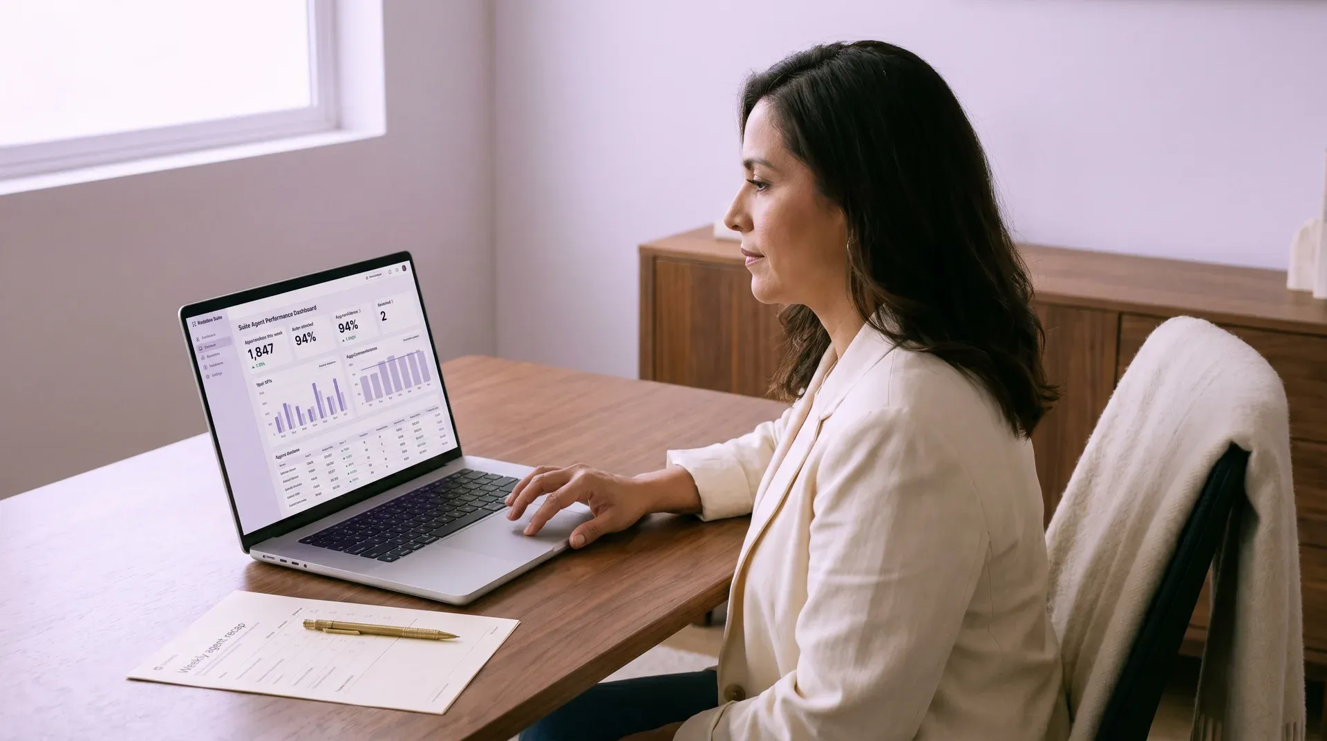 Ecommerce operations director reviewing AI agent performance metrics and approval queue statistics on dashboard Ecommerce operations director reviewing AI agent performance metrics and approval queue statistics on dashboard