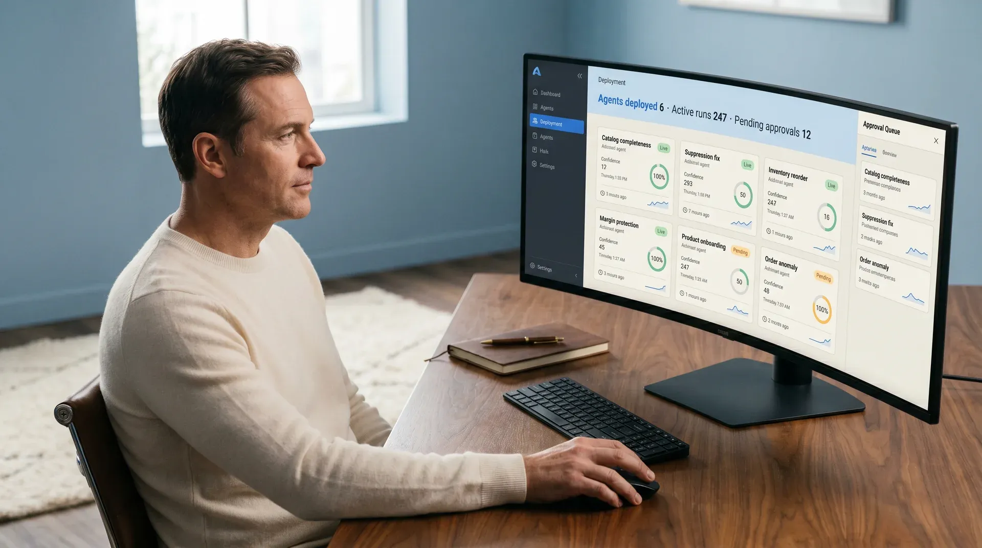 Commerce operations leader viewing AI agent deployment dashboard with autonomous actions and human approval queue Commerce operations leader viewing AI agent deployment dashboard with autonomous actions and human approval queue