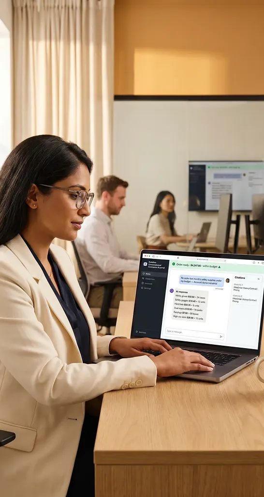 Business-to-business buyer typing a natural language reorder query into the Redefine conversational commerce portal