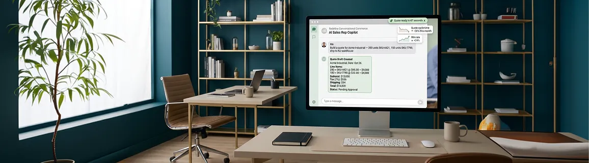 Sales rep building a complete quote draft in under 60 seconds with Redefine Conversational Commerce AI Sales Rep Copilot, the after-state where the manual spreadsheet pain is gone