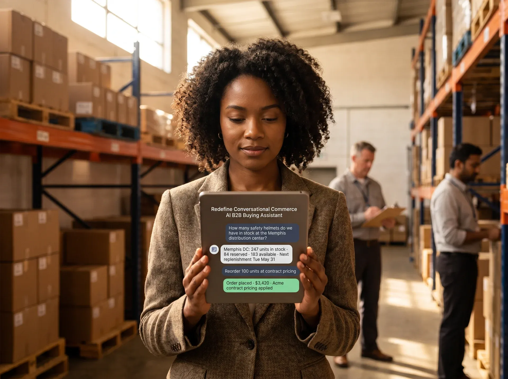 Business-to-business procurement manager using the Redefine AI buying assistant on a tablet in a warehouse setting