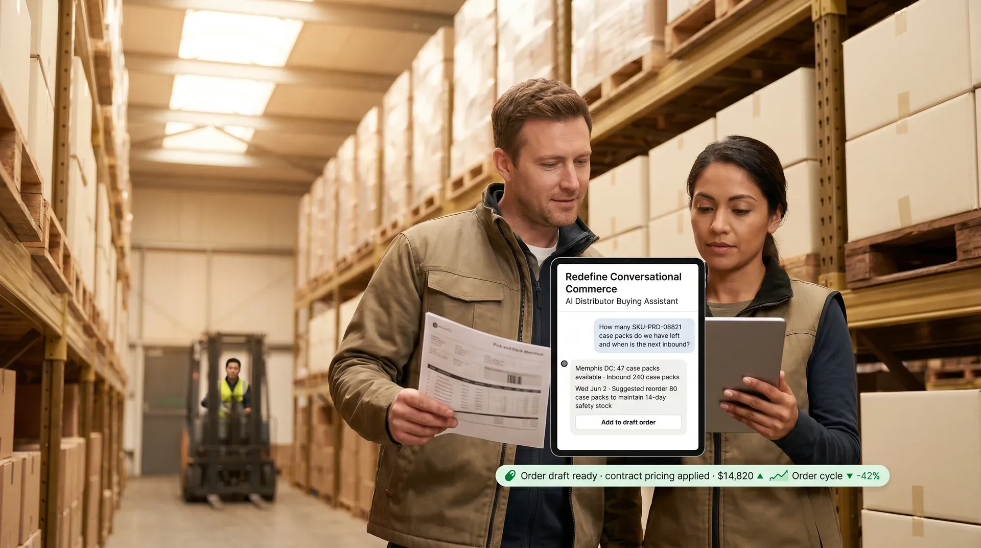 Business-to-business distributor team using a tablet-based AI buying assistant to place an order from a large warehouse catalog