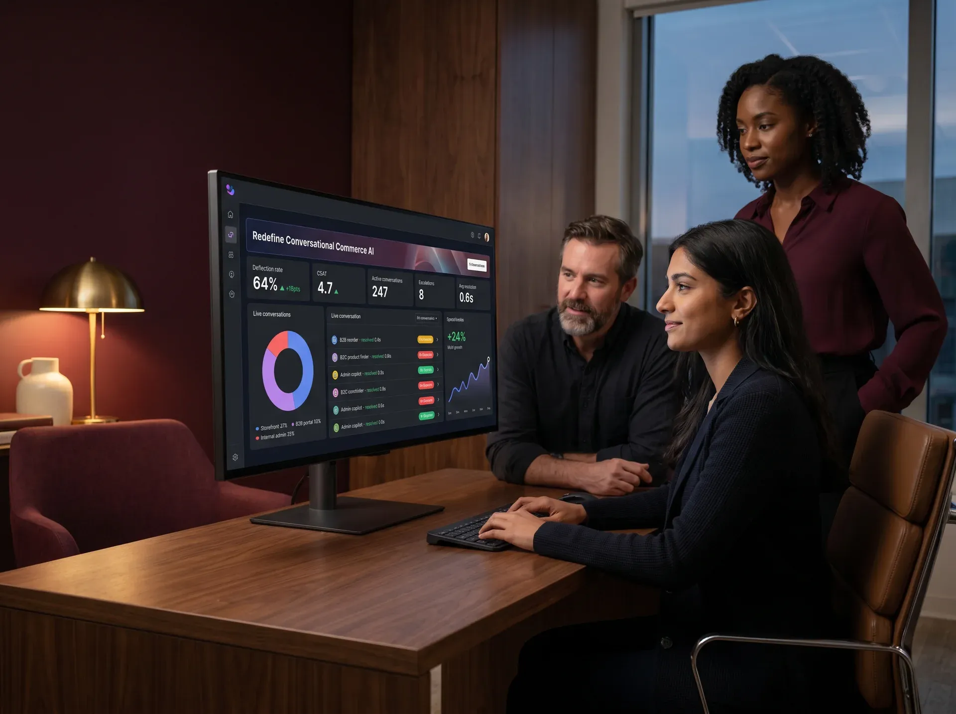 Commerce team reviewing the Redefine conversational AI platform live conversation analytics dashboard on a large monitor in a modern office