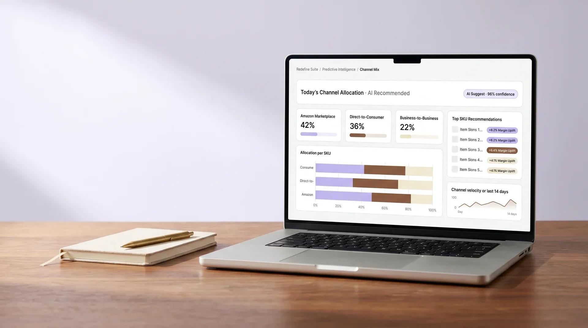 Channel mix optimisation dashboard displaying product allocation recommendations across Amazon, direct-to-consumer, and business-to-business channels Channel mix optimisation dashboard displaying product allocation recommendations across Amazon, direct-to-consumer, and business-to-business channels