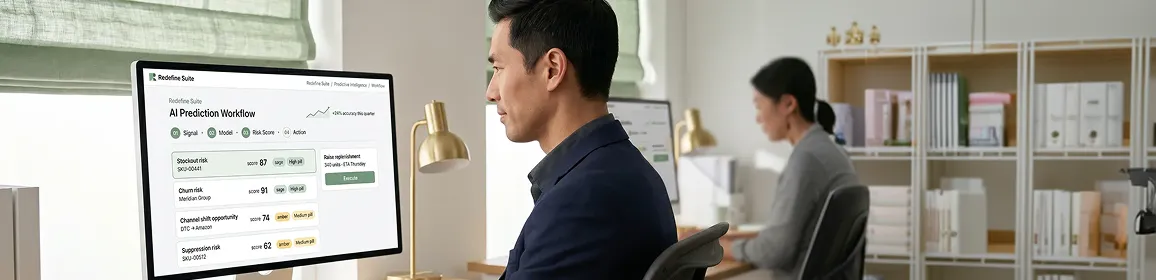 Ecommerce operations manager reviewing artificial intelligence prediction workflow showing risk scores and recommended action panel on a desktop dashboard Ecommerce operations manager reviewing artificial intelligence prediction workflow showing risk scores and recommended action panel on a desktop dashboard