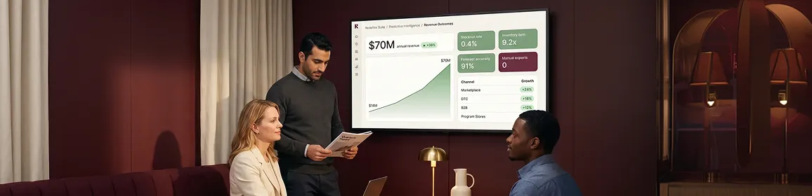 Home decor ecommerce operations team reviewing analytics dashboard with Power BI showing revenue growth and real-time inventory data Home decor ecommerce operations team reviewing analytics dashboard with Power BI showing revenue growth and real-time inventory data