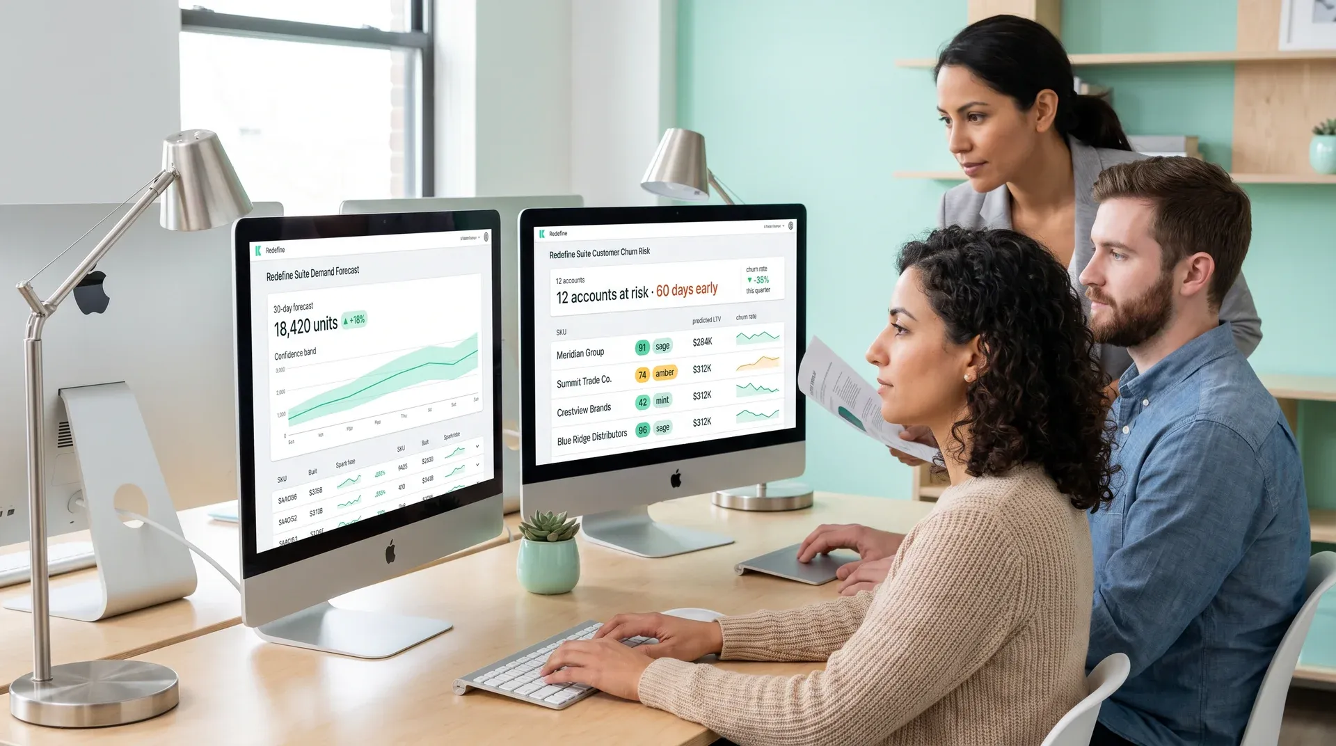 Commerce analytics team reviewing platform prediction outputs on multiple screens showing demand forecast and churn risk dashboards Commerce analytics team reviewing platform prediction outputs on multiple screens showing demand forecast and churn risk dashboards