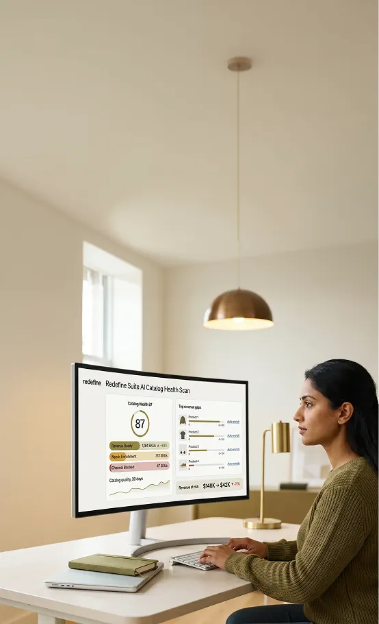 Product data analyst reviewing AI-powered catalog health dashboard with stock-keeping unit readiness scores Product data analyst reviewing AI-powered catalog health dashboard with stock-keeping unit readiness scores