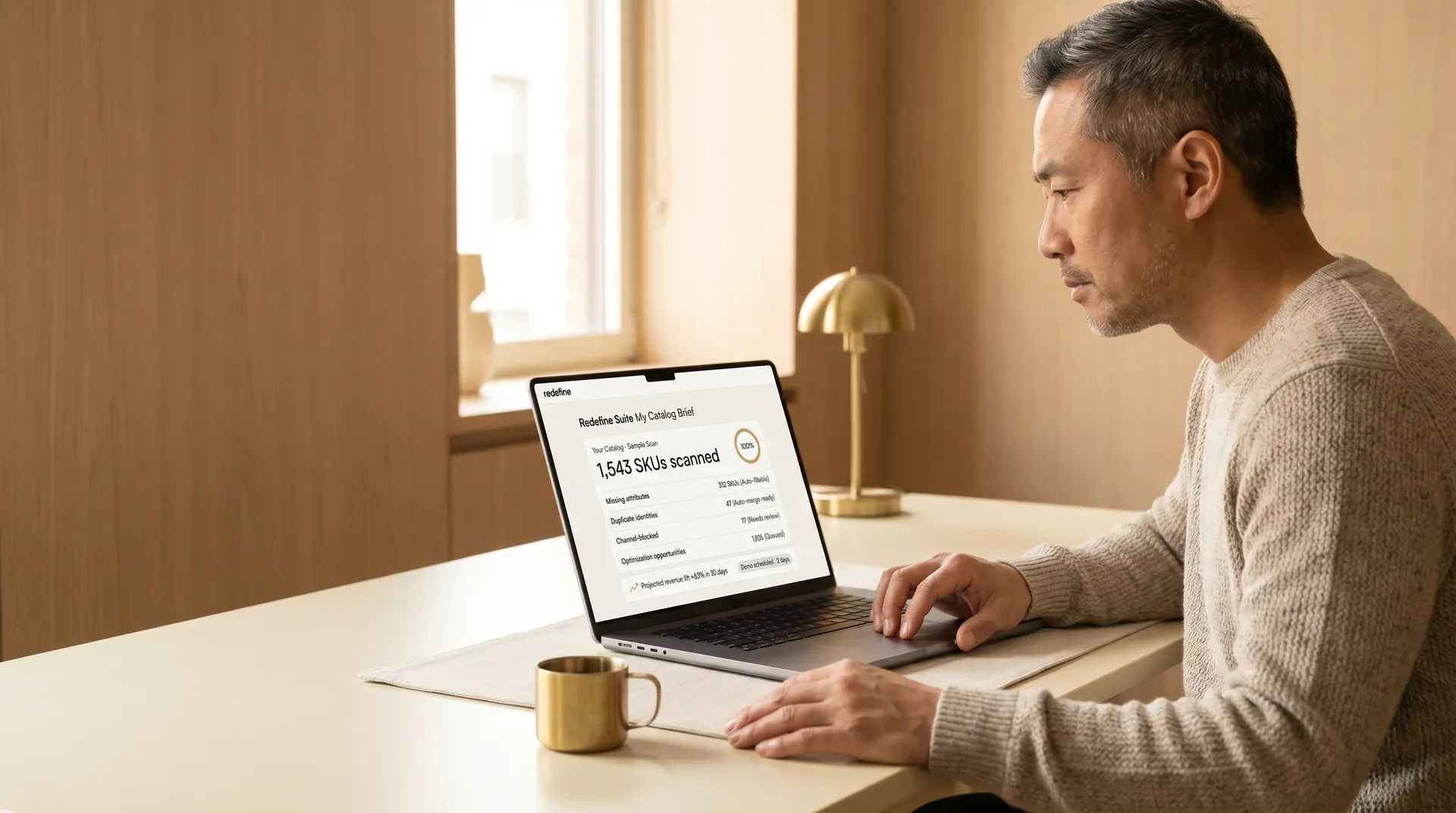 Commerce catalog manager reviewing AI catalog intelligence report on laptop, natural office light Commerce catalog manager reviewing AI catalog intelligence report on laptop, natural office light