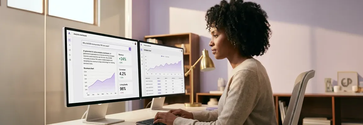 Commerce analyst reviewing an AI-generated insight report on dual monitors in a modern operations office Commerce analyst reviewing an AI-generated insight report on dual monitors in a modern operations office