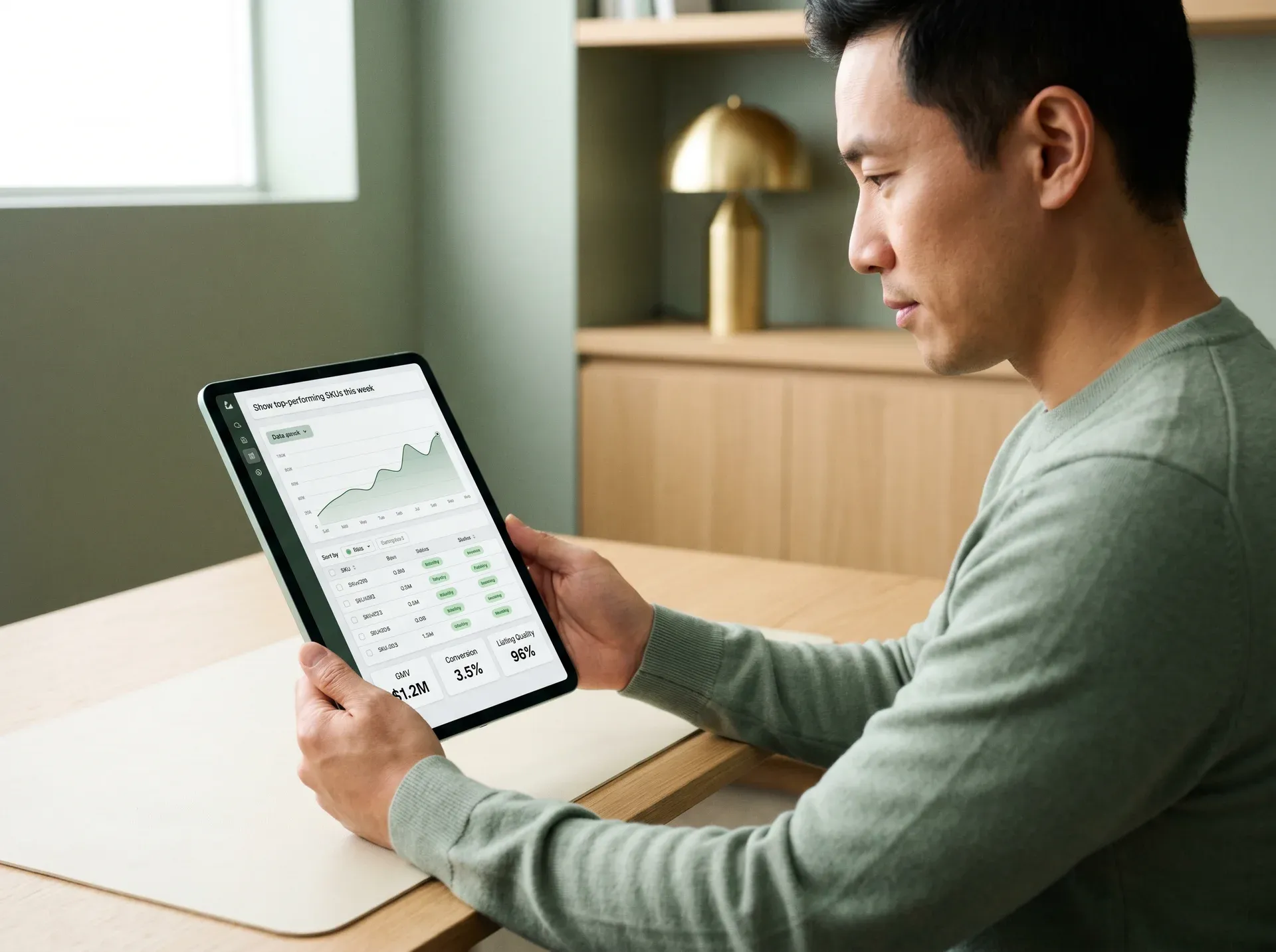 Commerce analyst using AI analytics dashboard on a tablet in an operations setting Commerce analyst using AI analytics dashboard on a tablet in an operations setting