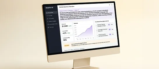 Commerce operations leader presenting AI-generated analytics insights to an executive team in a boardroom Commerce operations leader presenting AI-generated analytics insights to an executive team in a boardroom