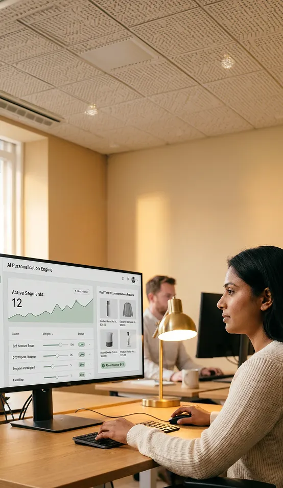 Ecommerce merchandiser reviewing an AI personalisation dashboard showing segment-specific product recommendations Ecommerce merchandiser reviewing an AI personalisation dashboard showing segment-specific product recommendations