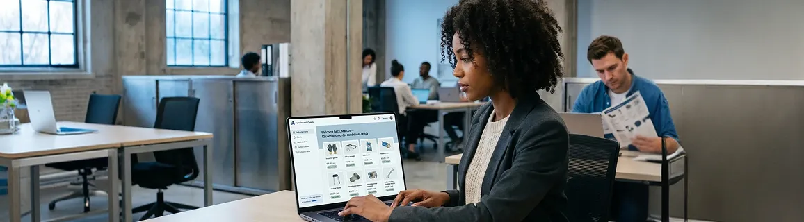 Business-to-business buyer browsing a personalised product catalog on a laptop with AI-curated recommendations Business-to-business buyer browsing a personalised product catalog on a laptop with AI-curated recommendations