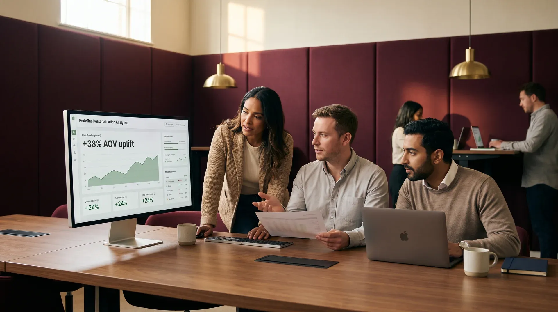 Corporate branded merchandise ecommerce team reviewing personalisation and analytics results on screen Corporate branded merchandise ecommerce team reviewing personalisation and analytics results on screen