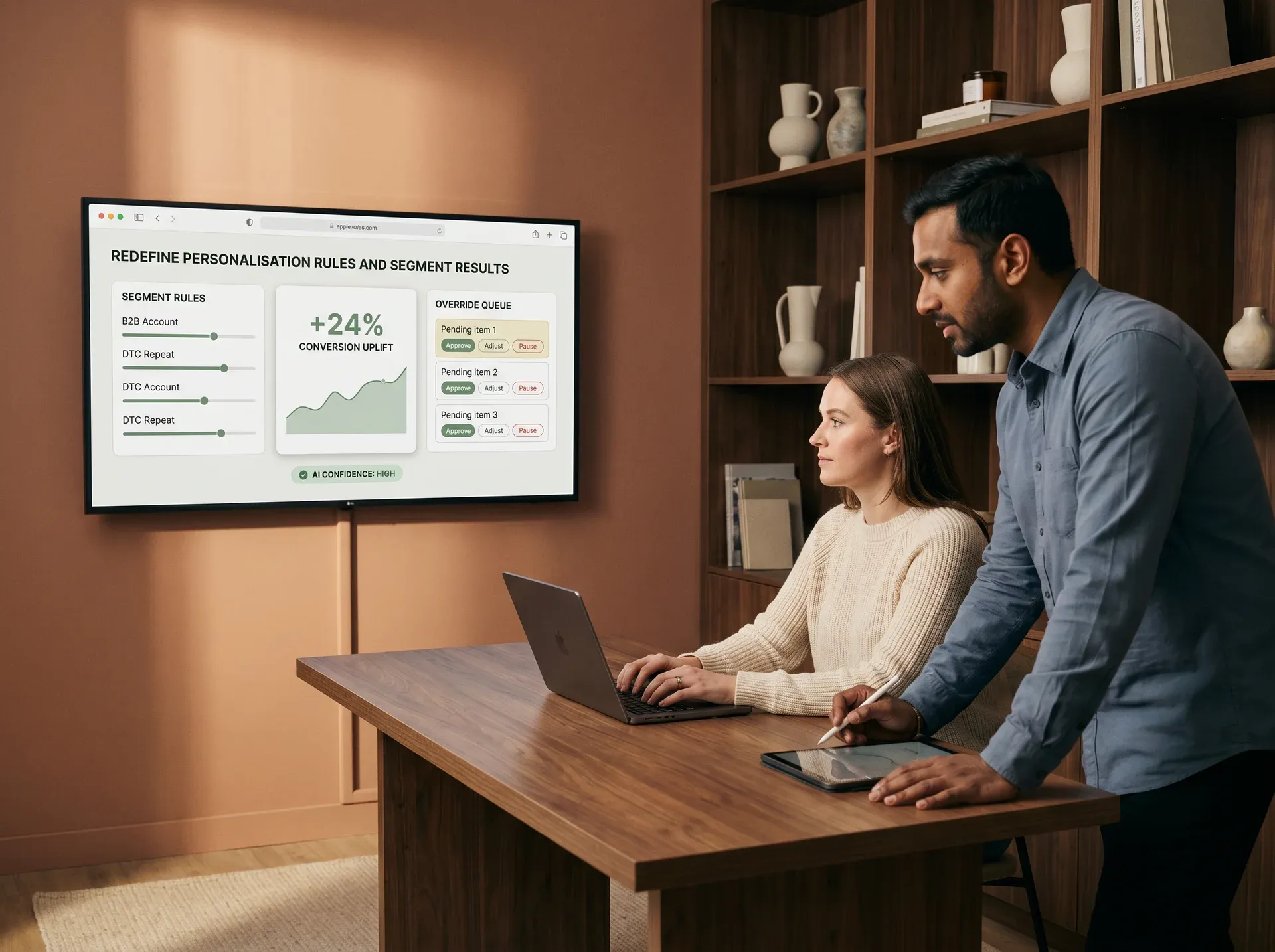 Merchandising team reviewing AI personalisation segment results and adjusting rules on a large screen Merchandising team reviewing AI personalisation segment results and adjusting rules on a large screen