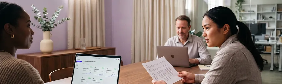 Ecommerce team discussing AI personalisation strategy around a table with laptops showing segment data Ecommerce team discussing AI personalisation strategy around a table with laptops showing segment data