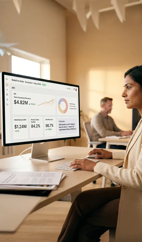 Executive reviewing a live cross-platform key performance indicator dashboard on a large monitor in a modern commerce operations office Executive reviewing a live cross-platform key performance indicator dashboard on a large monitor in a modern commerce operations office