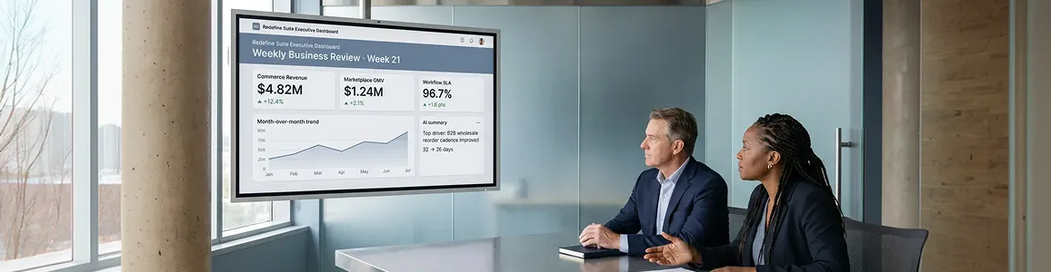 Operations leader and finance director reviewing unified commerce analytics on a boardroom wall screen during a weekly business review Operations leader and finance director reviewing unified commerce analytics on a boardroom wall screen during a weekly business review