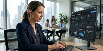 Finance analyst configuring a scheduled report on a laptop in an open-plan commerce team office Finance analyst configuring a scheduled report on a laptop in an open-plan commerce team office