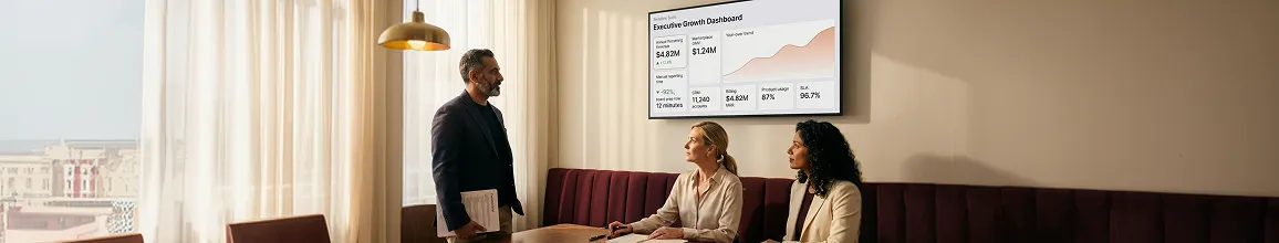 Leadership team reviewing executive growth dashboard metrics on a large screen during a monthly business review Leadership team reviewing executive growth dashboard metrics on a large screen during a monthly business review