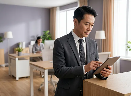 Commerce executive reviewing a mobile key performance indicator dashboard on a tablet in an office lobby before a leadership meeting Commerce executive reviewing a mobile key performance indicator dashboard on a tablet in an office lobby before a leadership meeting