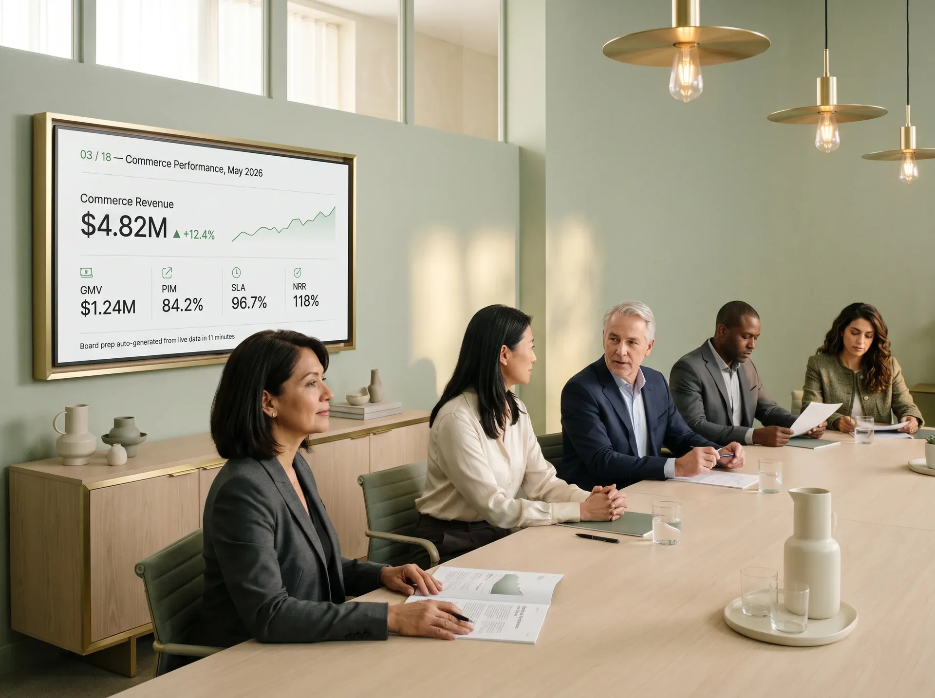 Board of directors reviewing commerce key performance indicator summary slides derived from Redefine executive dashboards in a formal meeting room Board of directors reviewing commerce key performance indicator summary slides derived from Redefine executive dashboards in a formal meeting room