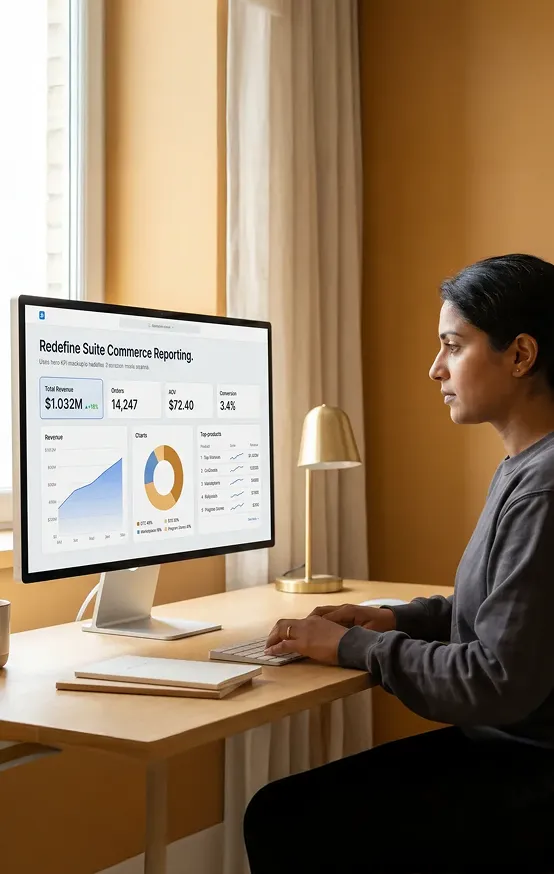 Ecommerce analyst reviewing a unified cross-channel revenue dashboard on a large monitor with natural office lighting Ecommerce analyst reviewing a unified cross-channel revenue dashboard on a large monitor with natural office lighting