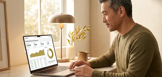 Ecommerce director reviewing a unified commerce revenue report on a laptop showing positive growth trends Ecommerce director reviewing a unified commerce revenue report on a laptop showing positive growth trends