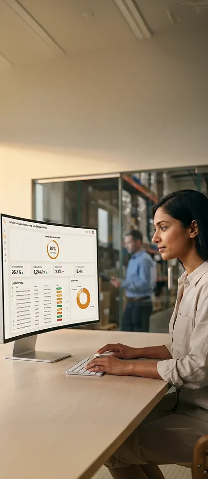 Operations manager reviewing real-time exception dashboards at a fulfillment warehouse workstation Operations manager reviewing real-time exception dashboards at a fulfillment warehouse workstation