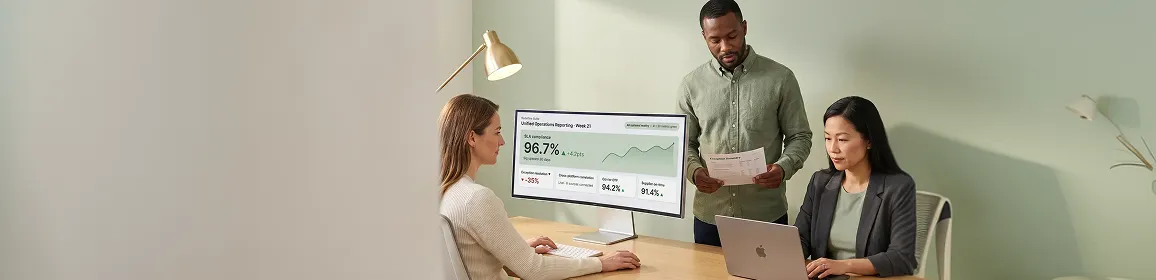 Operations team reviewing exception alerts and service-level agreement breach indicators across warehouse systems Operations team reviewing exception alerts and service-level agreement breach indicators across warehouse systems