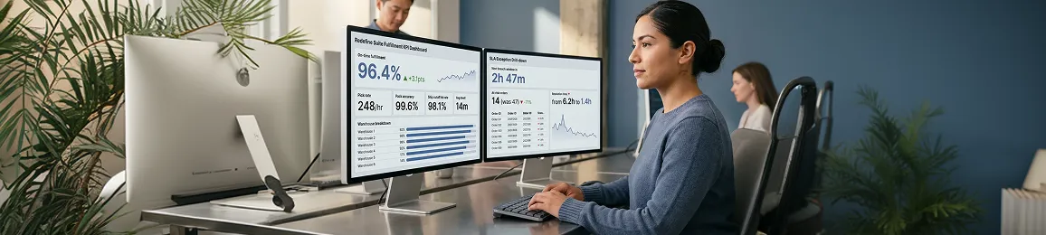 Operations analyst reviewing fulfillment key performance indicator dashboard and service-level agreement exception reports on dual monitors Operations analyst reviewing fulfillment key performance indicator dashboard and service-level agreement exception reports on dual monitors