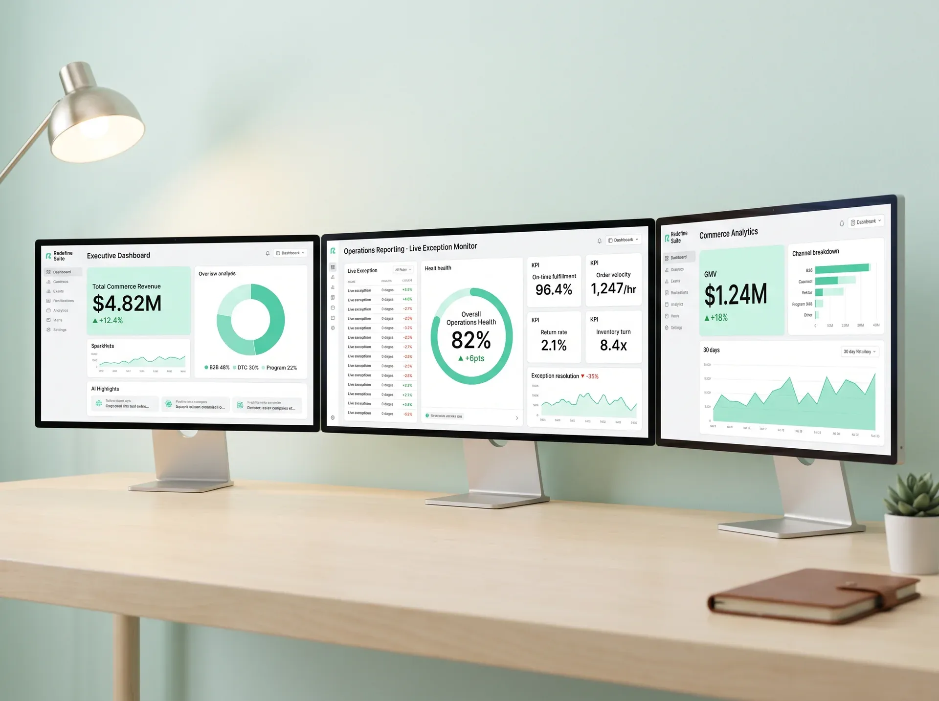 Multi-screen analytics setup showing executive dashboards, operations reports, and commerce analytics side by side Multi-screen analytics setup showing executive dashboards, operations reports, and commerce analytics side by side