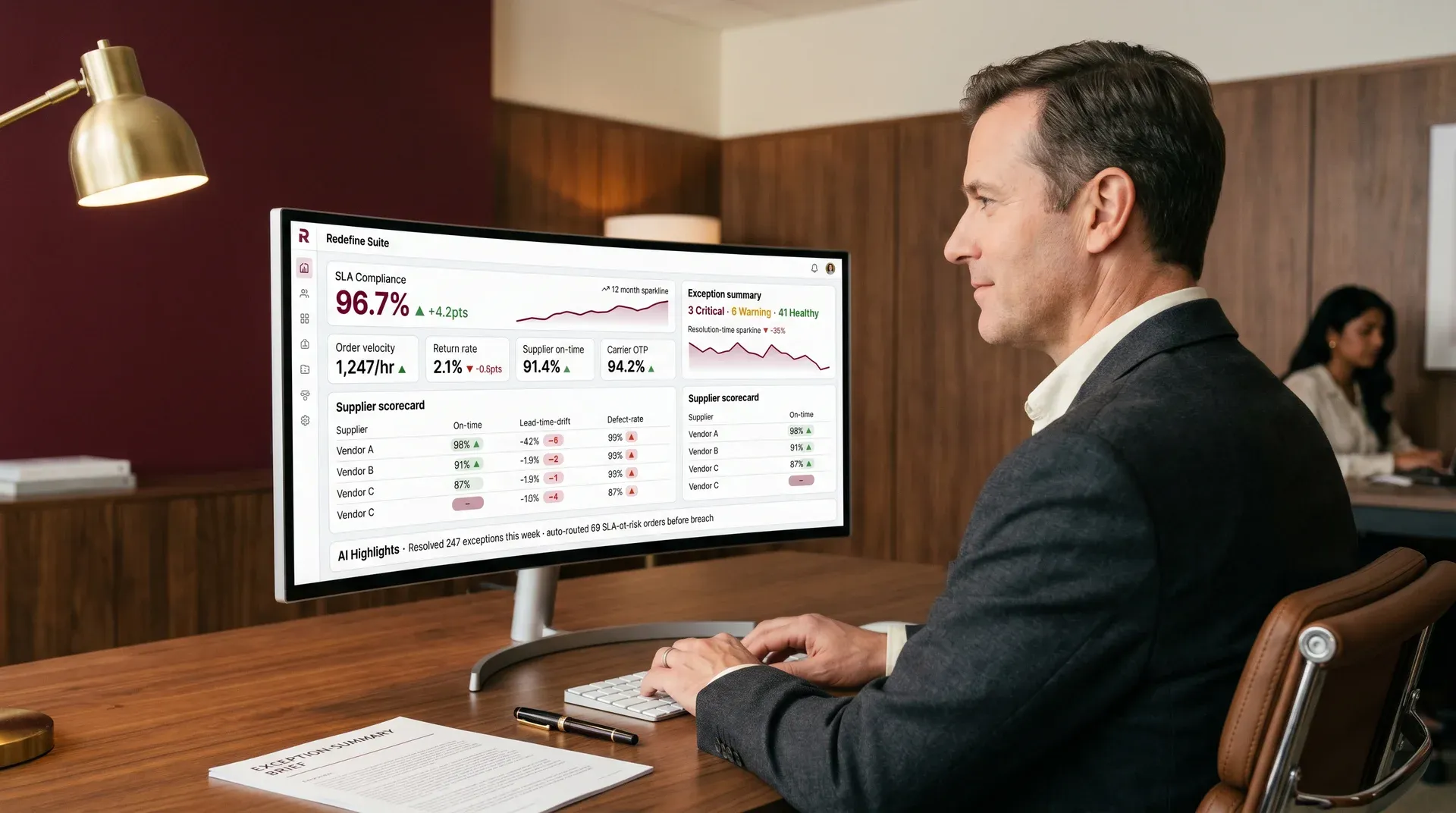 Operations director reviewing operations reporting dashboard with service-level agreement compliance metrics and exception summary Operations director reviewing operations reporting dashboard with service-level agreement compliance metrics and exception summary
