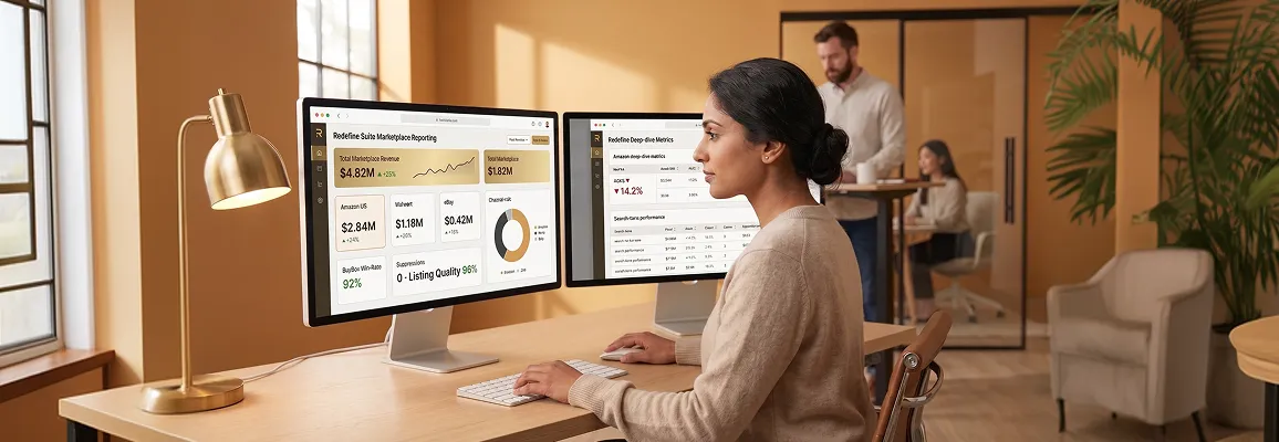 Ecommerce analyst reviewing marketplace performance data across multiple channels on dual monitors Ecommerce analyst reviewing marketplace performance data across multiple channels on dual monitors