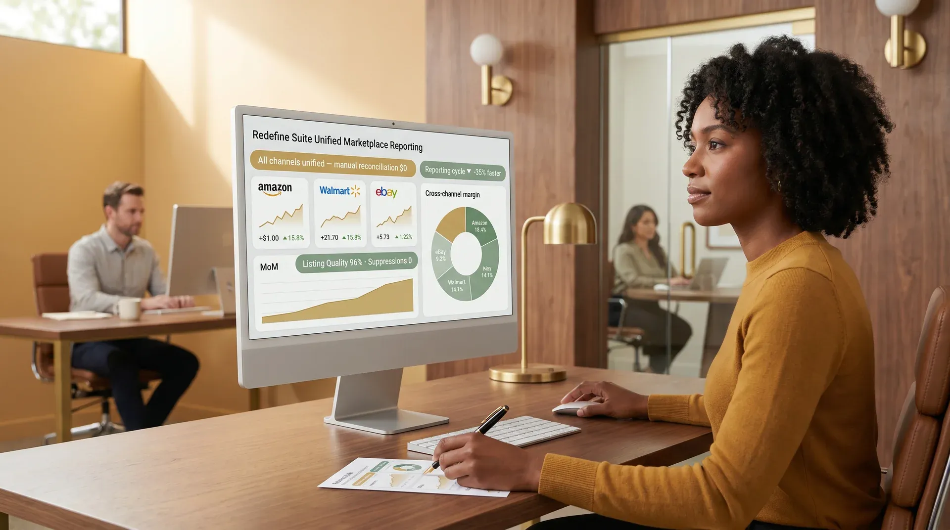 Operations manager calmly reviewing unified marketplace channel reporting dashboard with all channels green and growing Operations manager calmly reviewing unified marketplace channel reporting dashboard with all channels green and growing