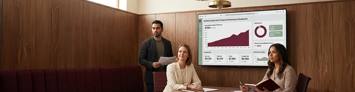 Ecommerce team reviewing multichannel marketplace analytics results on large office screen Ecommerce team reviewing multichannel marketplace analytics results on large office screen