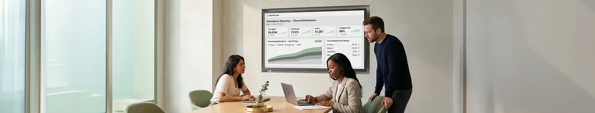 Brand manager presenting marketplace growth metrics to operations team in meeting room Brand manager presenting marketplace growth metrics to operations team in meeting room