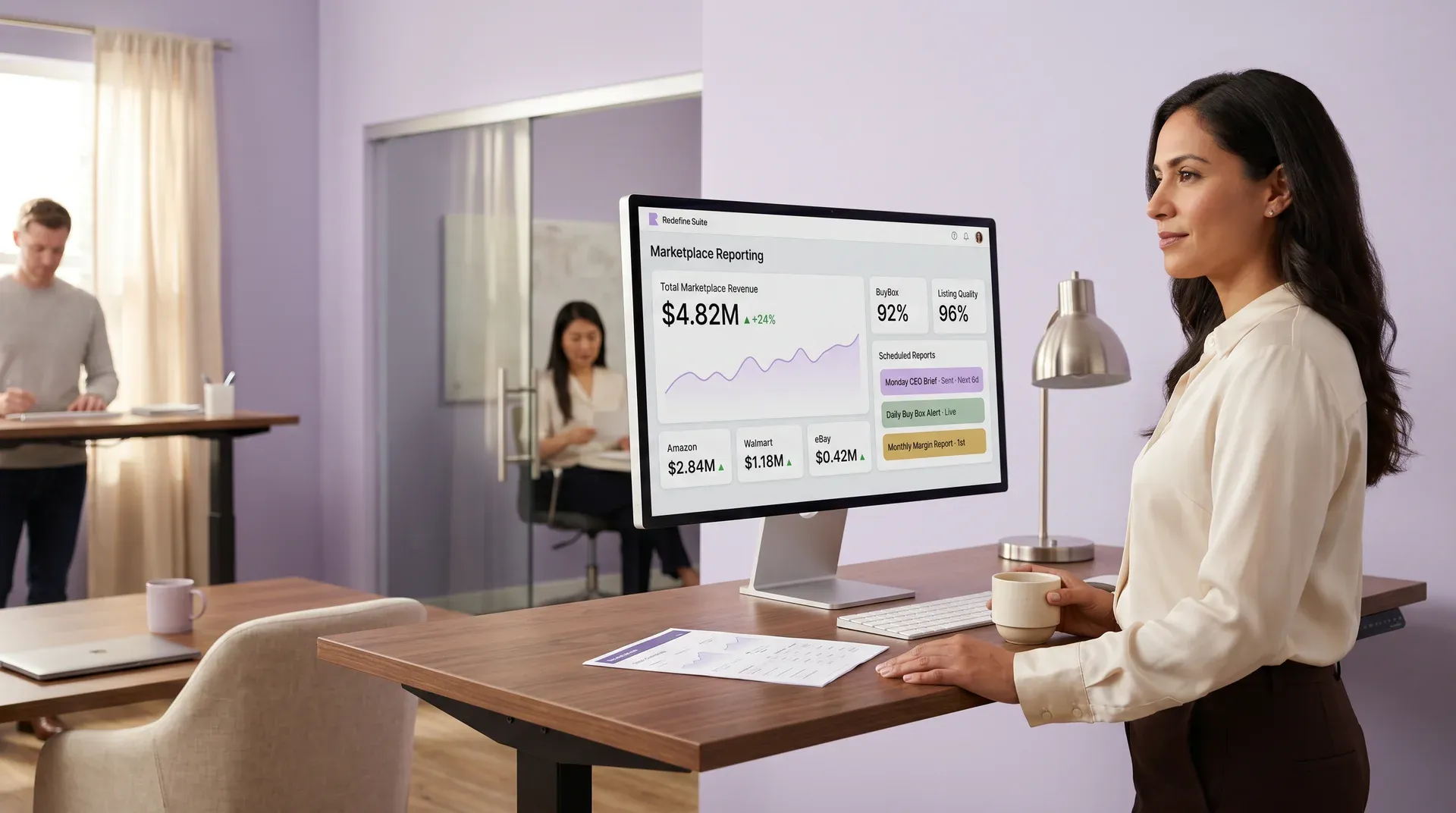 Confident commerce analyst presenting marketplace reporting results with dashboard visible in background Confident commerce analyst presenting marketplace reporting results with dashboard visible in background