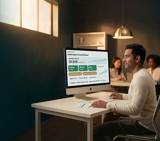 Brand manager reviewing marketplace growth metrics and reporting results on screen Brand manager reviewing marketplace growth metrics and reporting results on screen