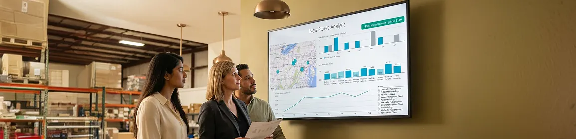 Promotional apparel operations team reviewing multi-store program analytics Promotional apparel operations team reviewing multi-store program analytics