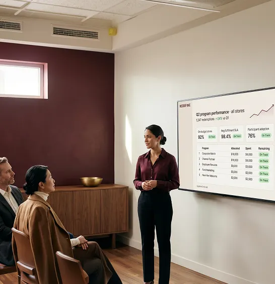 Program store manager presenting clean dashboard results to stakeholders Program store manager presenting clean dashboard results to stakeholders