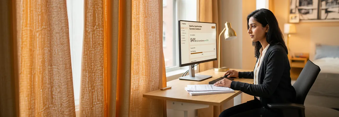 Operations analyst reviewing workflow approval dashboard on a large monitor Operations analyst reviewing workflow approval dashboard on a large monitor