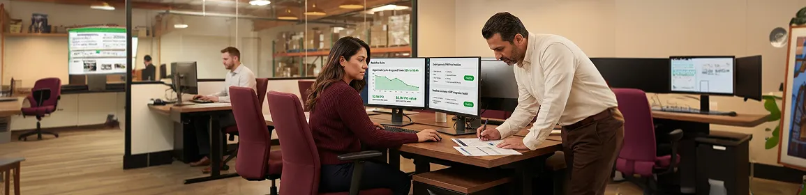 Business-to-business promotional products team reviewing approval workflow data and operational reporting on screens Business-to-business promotional products team reviewing approval workflow data and operational reporting on screens