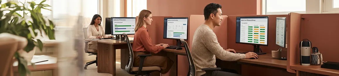 Mixed operations team including business-to-business approvals manager, program store admin, and product information management team member each reviewing role-specific workflow data Mixed operations team including business-to-business approvals manager, program store admin, and product information management team member each reviewing role-specific workflow data